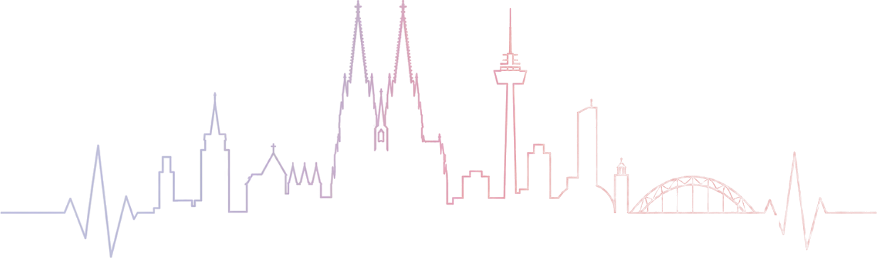 Kölner Skyline mit Dom, Kölnturm und Hohenzollernbrücke als EKG-Linie – Motiv aus dem Kongress-Signet